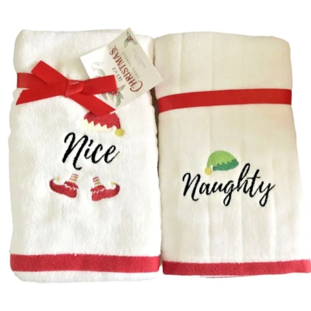 Christmas Naughty Nice Elf Hand Towels Set of 2 Bathroom Red White Holiday Bath